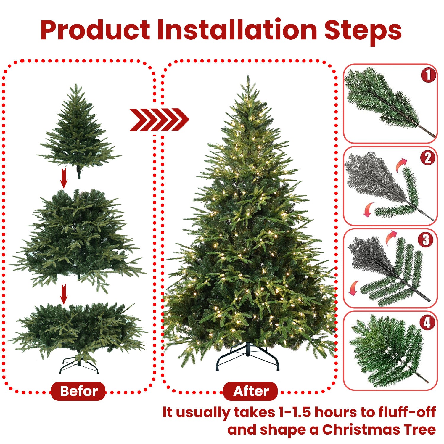 Green Christmas tree with lights and decorative presents underneath