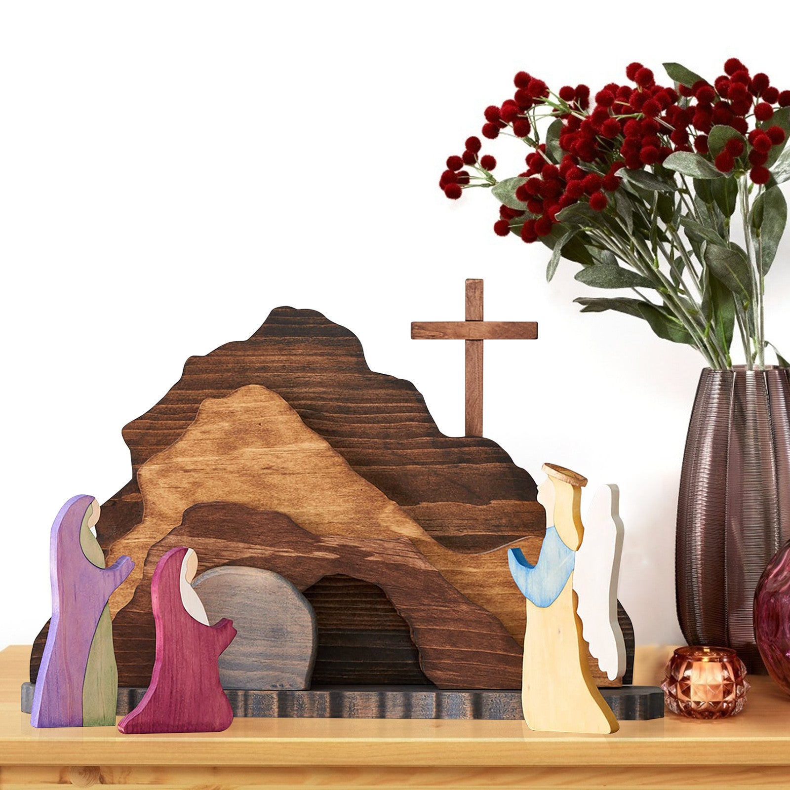 Handcrafted wooden creche set showing the Christmas story with painted details