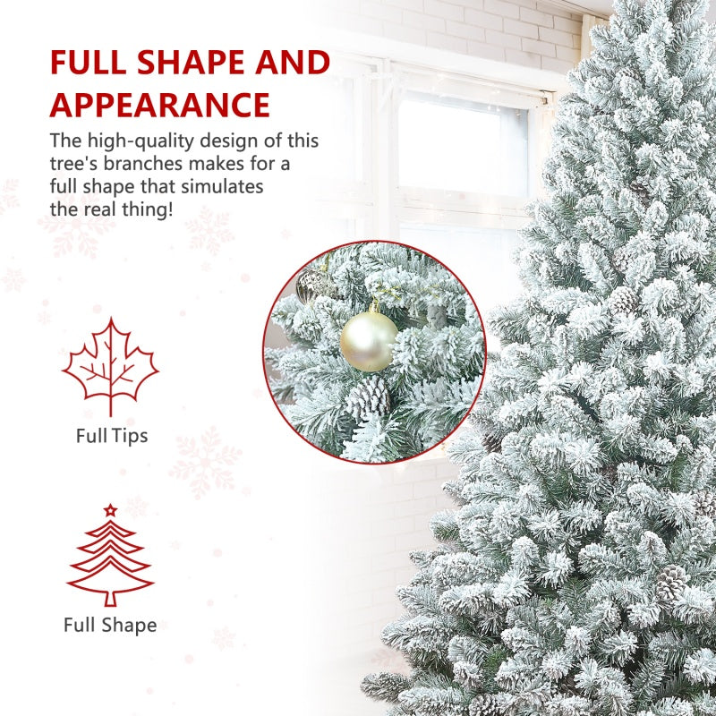Detailed view of pine cones nestled in flocked Christmas tree branches