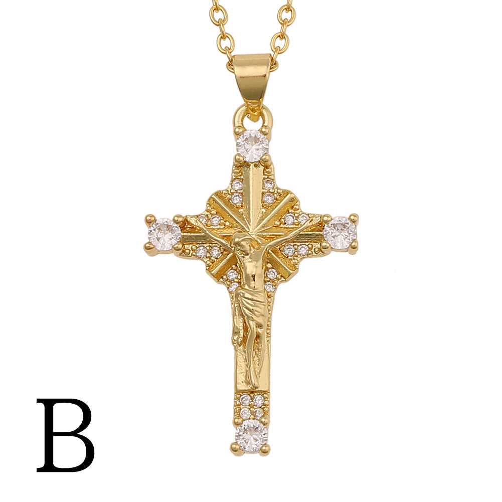 Close-up of intricate cross pendant detail on chain