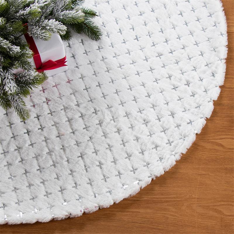White Christmas tree skirt with diamond plaid pattern showing sequin details