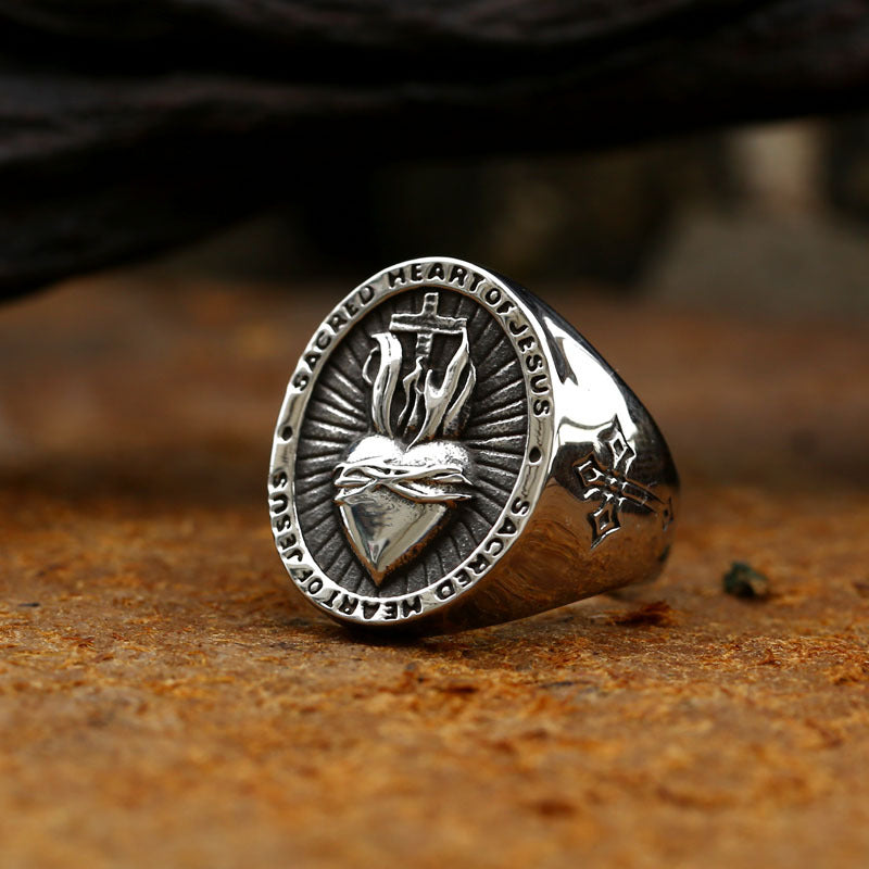 Stainless steel ring with cross and Sacred Heart on polished band