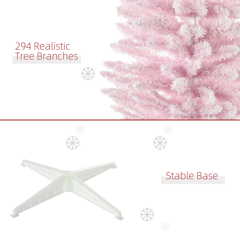 Assembled pink artificial Christmas tree with snow-flocked design for indoor holiday display