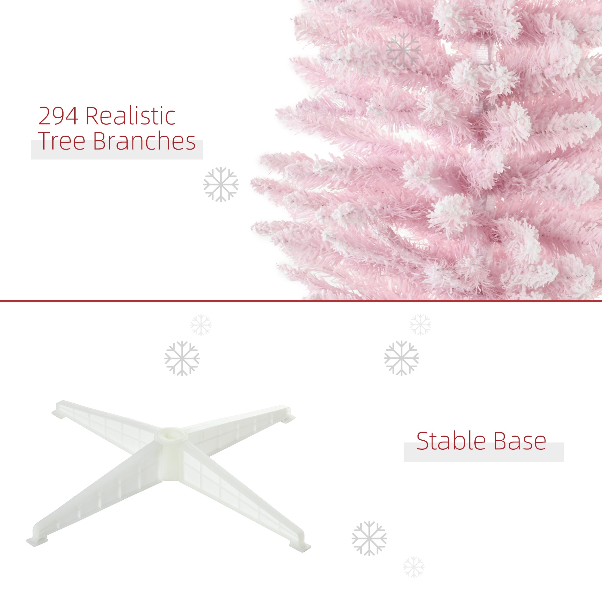 Assembled pink artificial Christmas tree with snow-flocked design for indoor holiday display