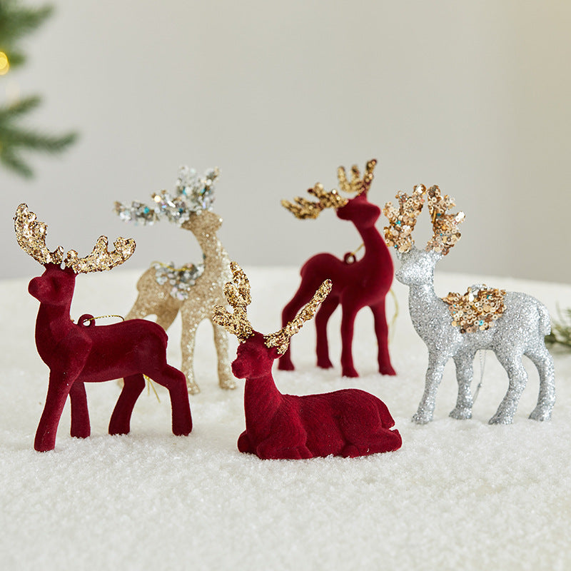 Flocked sequined elk Christmas ornament with soft velvet texture for holiday display