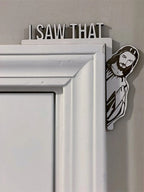Whimsical Christmas door ornament featuring Santa elk and religious holiday figures