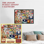 Close-up of advent calendar grid structure with Christmas colors and decorative elements