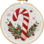 Red socks Christmas embroidery design on linen craft material
