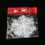 Brushed plastic snowflake ornament hanging on Christmas tree with red ribbon