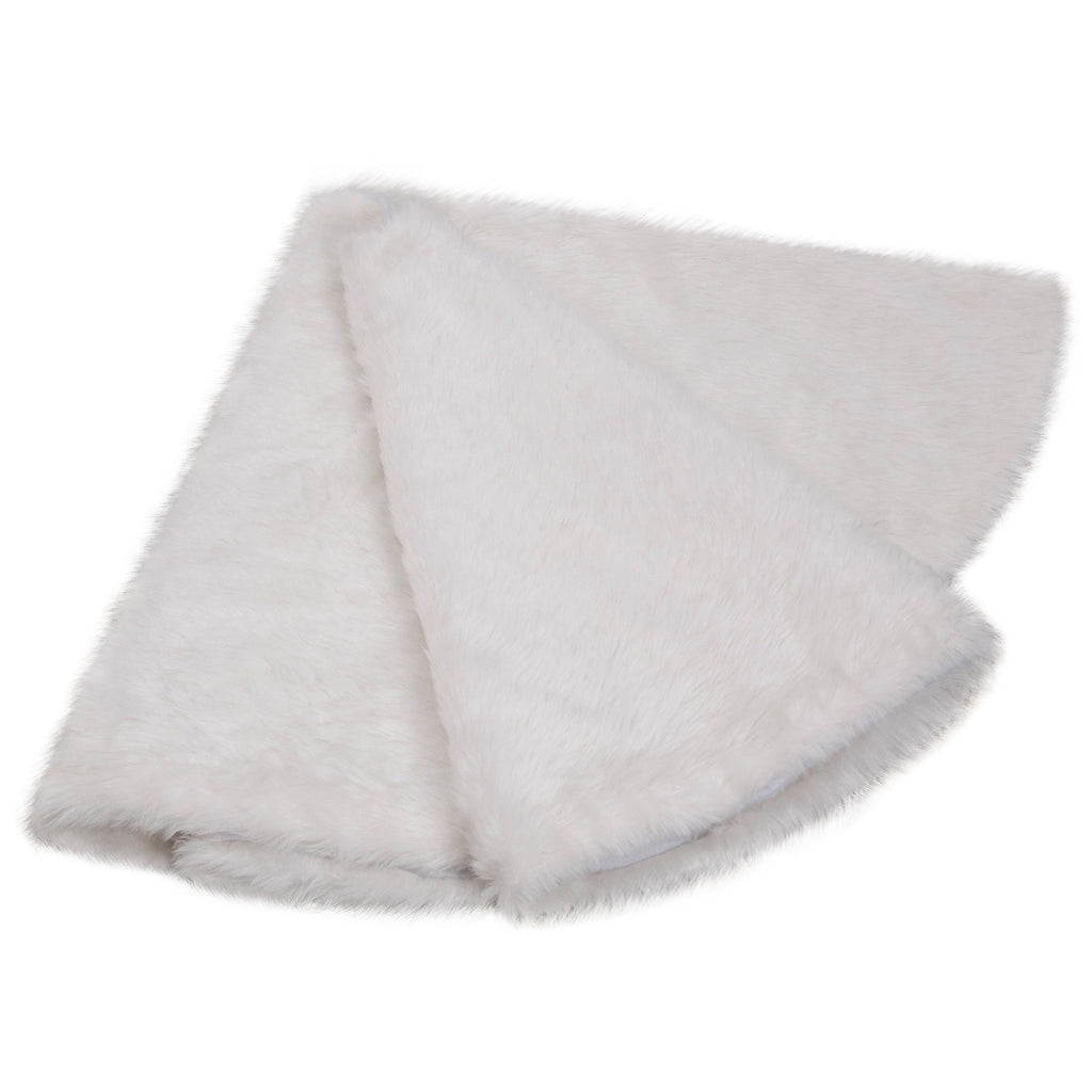 White plush Christmas tree skirt displayed flat showing full circular shape and plush texture for Christmas home decor