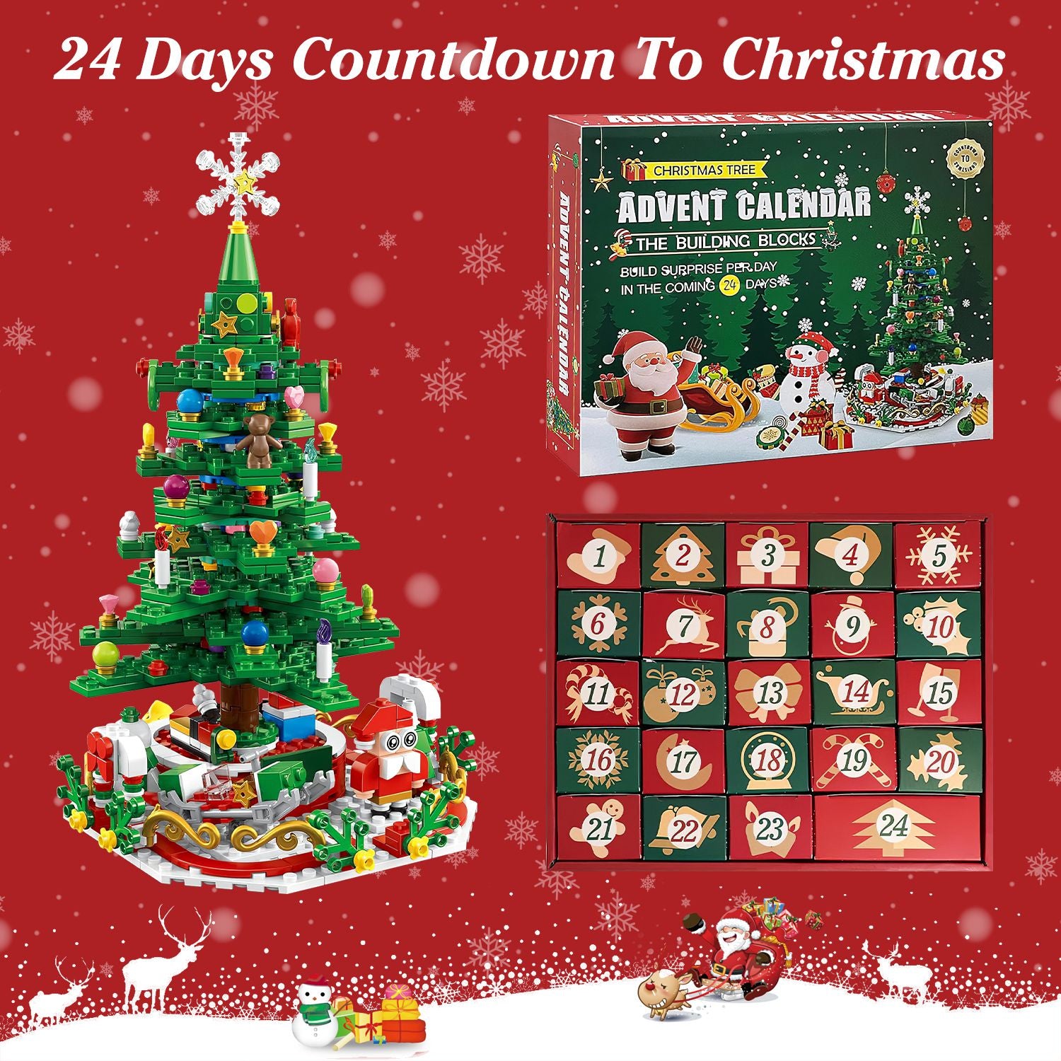 Close-up of small Advent countdown boxes on Christmas tree building set