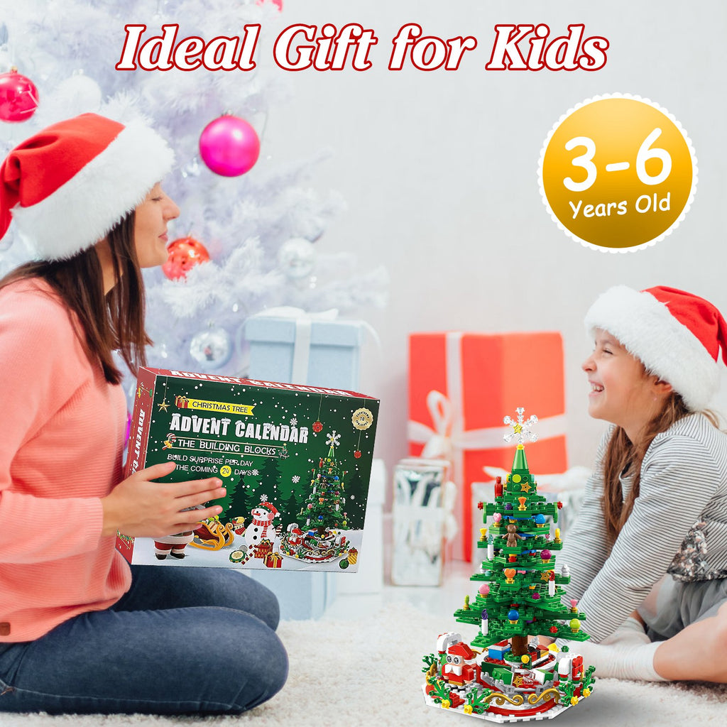 Children assembling Christmas tree building blocks with colorful pieces