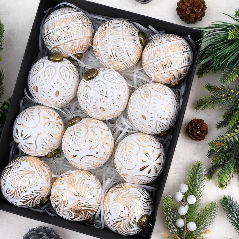 Retro Christmas ball set showcasing brown and gold tones on dark background