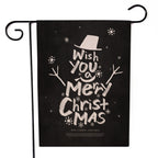Santa Claus garden flag with cheerful holiday design displayed outdoors in snowy setting