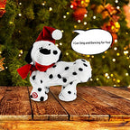 Close-up of Christmas dog toy showing plastic and cloth construction in holiday colors