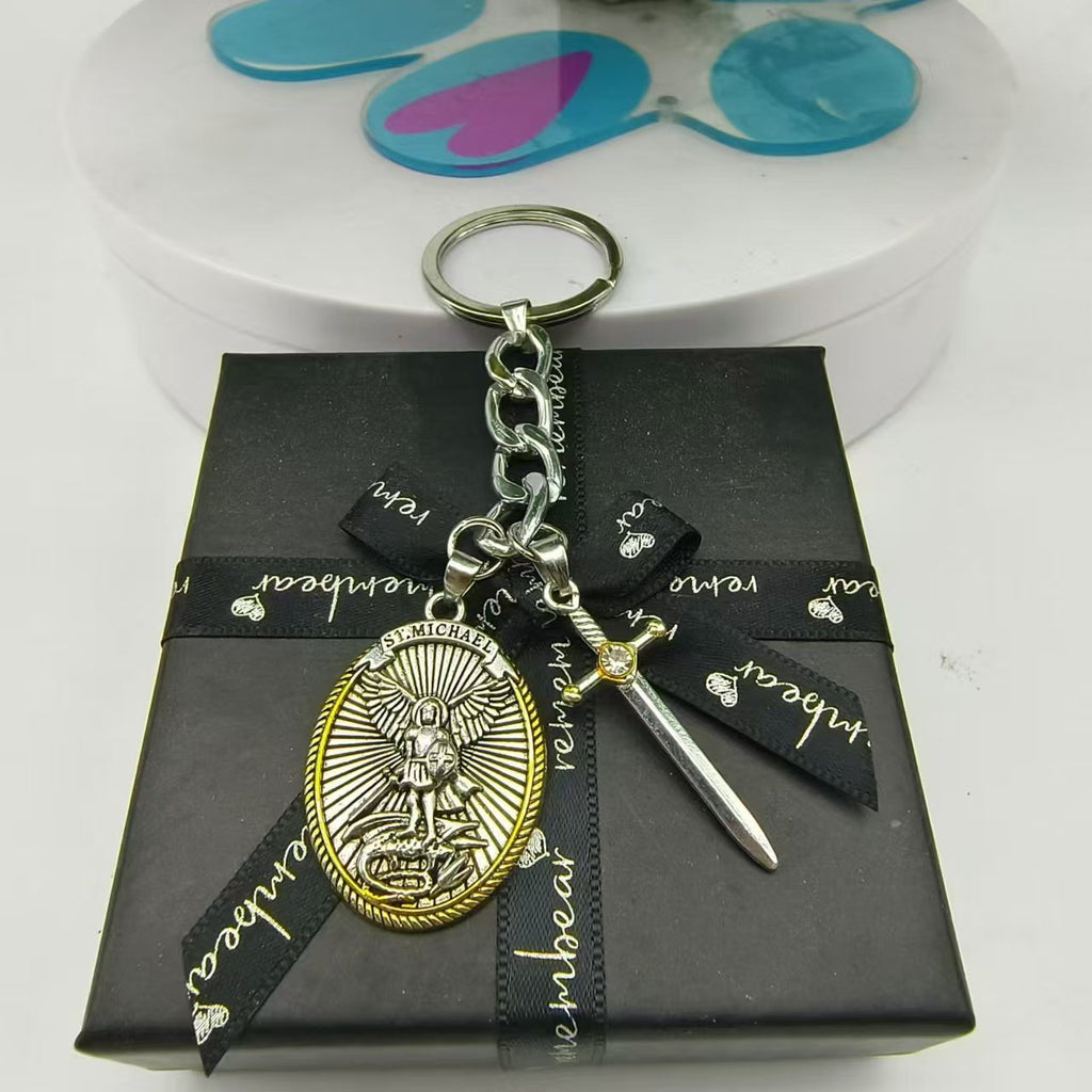 Jesus shield keychain with vintage knight aesthetic on adjustable chain for everyday carry