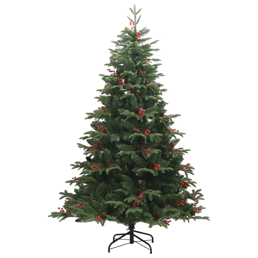 Green Christmas tree with decorative cones and berries showcasing full foliage