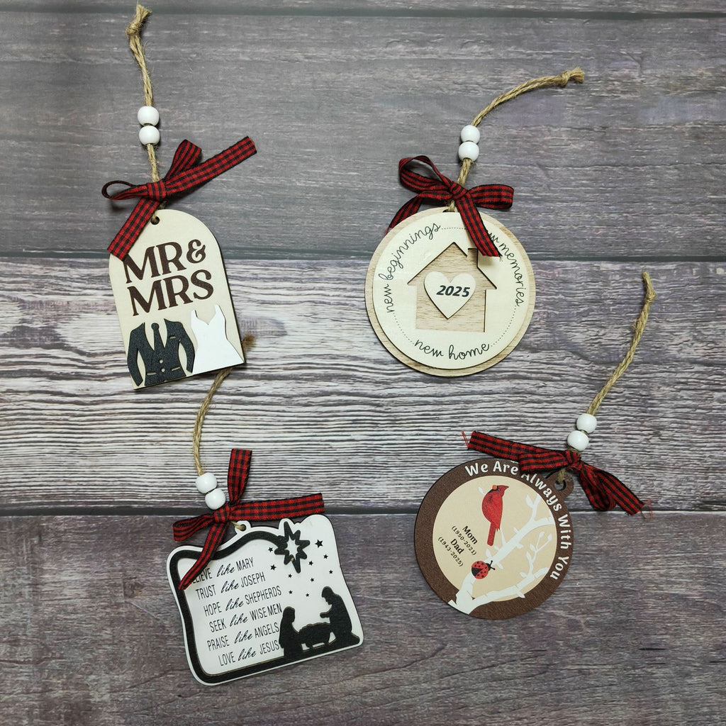 Handcrafted wooden pendant displaying faith symbolism as holiday tree decoration