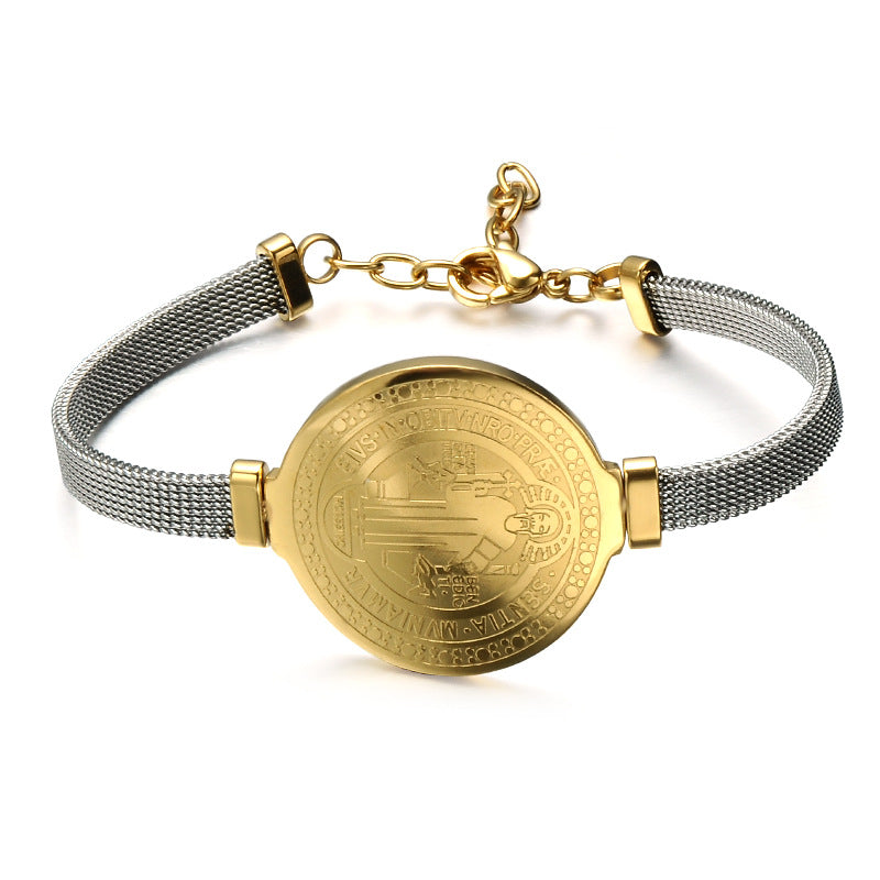 Men's religious bracelet featuring Saint Benedict cross and protective inscriptions