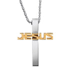 Close-up view of titanium steel Jesus cross pendant detailing the Savior figure