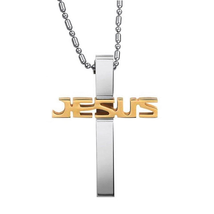 Close-up view of titanium steel Jesus cross pendant detailing the Savior figure