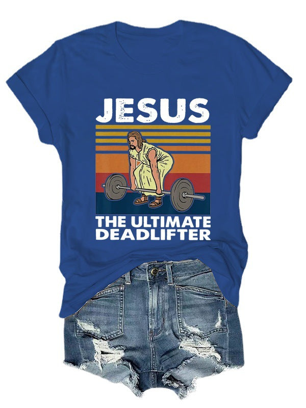 Woman wearing Jesus printed short sleeve t-shirt outdoors