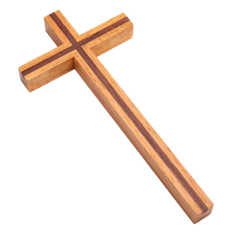 Polished oak cross decor piece for wall display