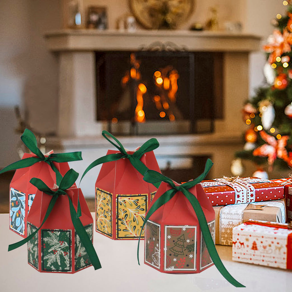 Close-up of Christmas bell pattern on red paper box with elegant ribbon suitable for Christmas party favors