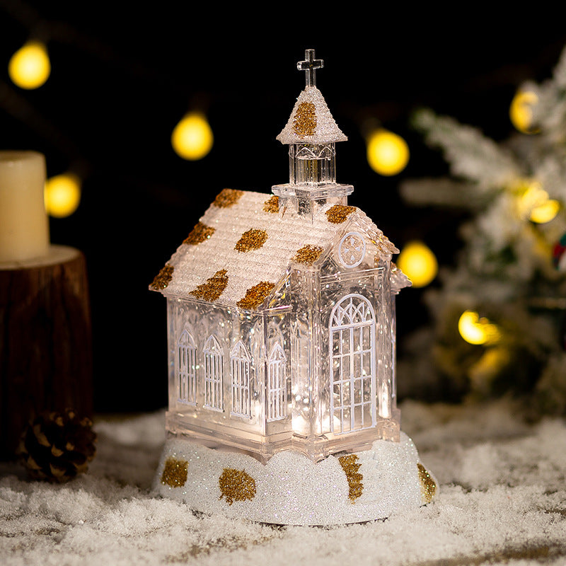 Crystal church music box ornament with intricate details glowing warmly for Christmas