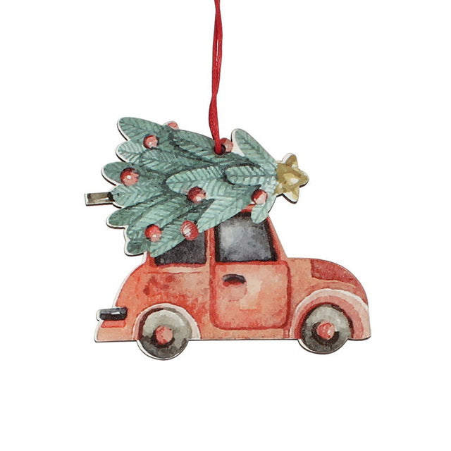 Close-up of wooden Christmas tree ornament with colorful vintage truck motif