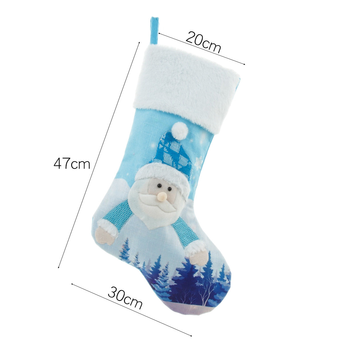 Glowing plush Christmas stocking in blue with luminous design for holiday home decor
