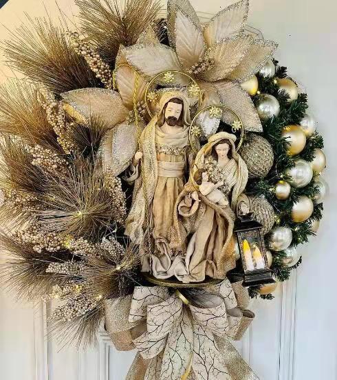 Set of Christmas wreaths featuring Jesus and lamp designs for holiday display