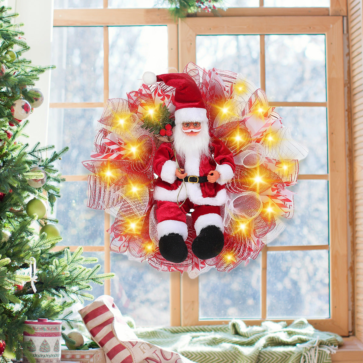 Christmas door hanging decoration with warm glowing lights