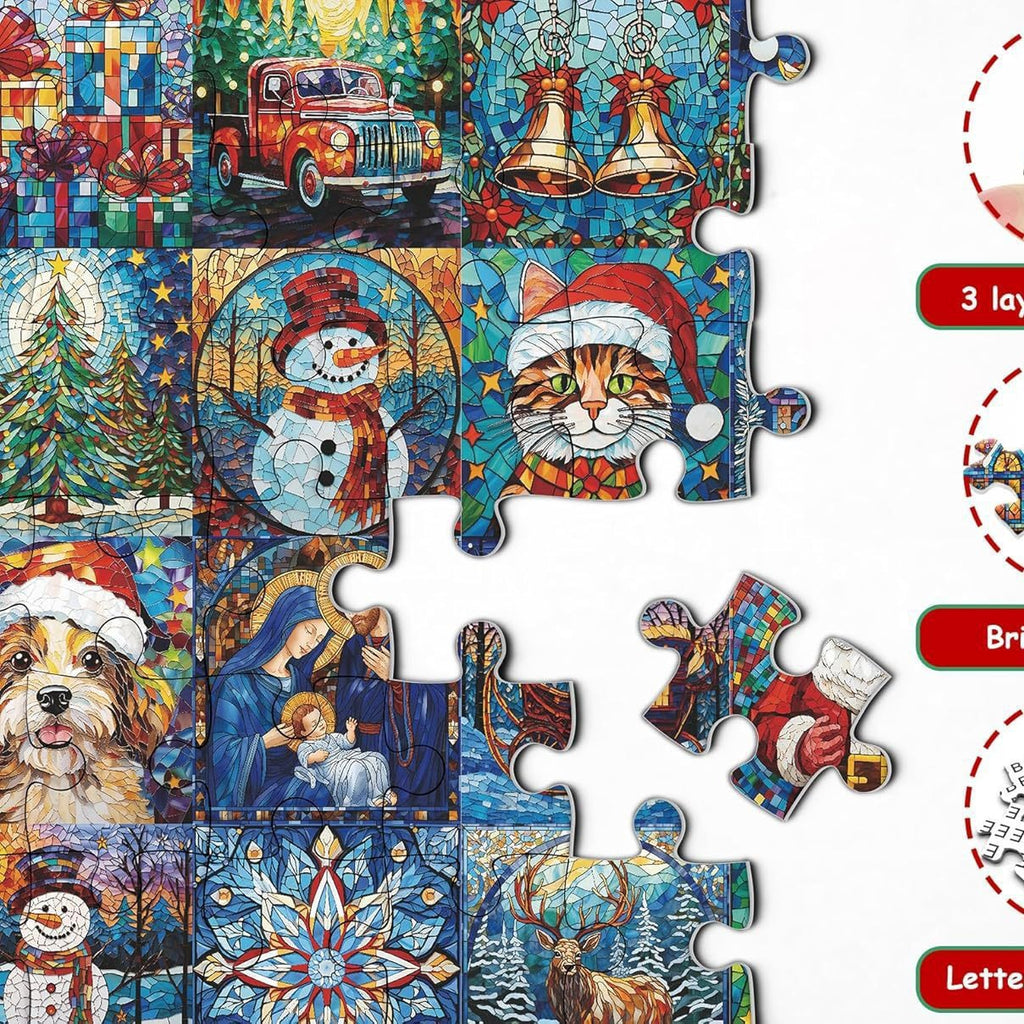Family gathering around Christmas puzzle countdown calendar during holiday season