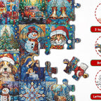 Family gathering around Christmas puzzle countdown calendar during holiday season