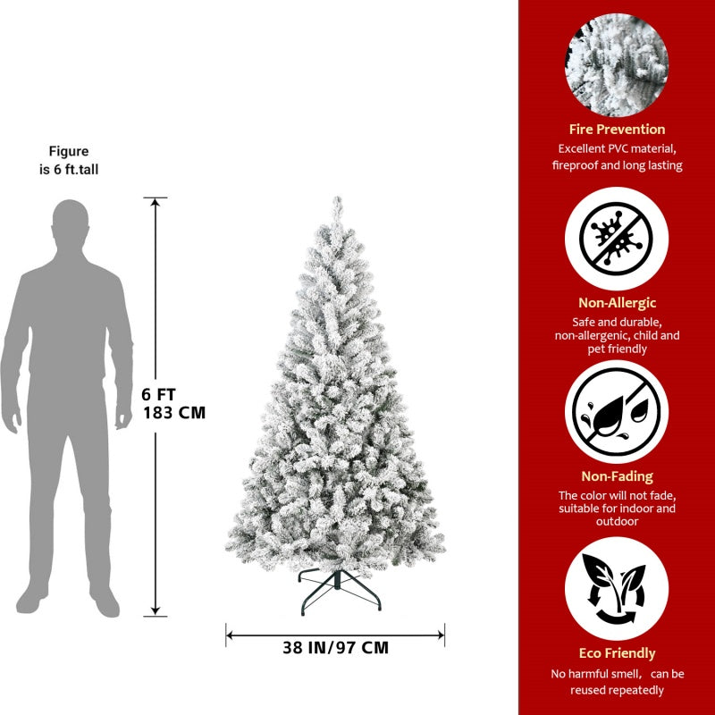 Full 7ft flocked tree decorated with white lights and gold star topper