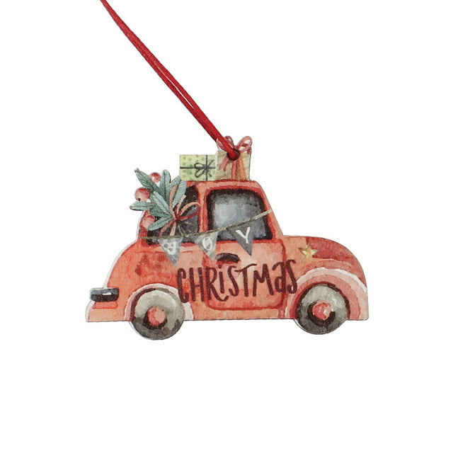 Set of 3 colorful wooden Christmas ornaments with rustic vintage truck and tree theme
