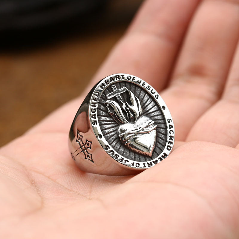 Men's vintage faith ring with Sacred Heart of Jesus design