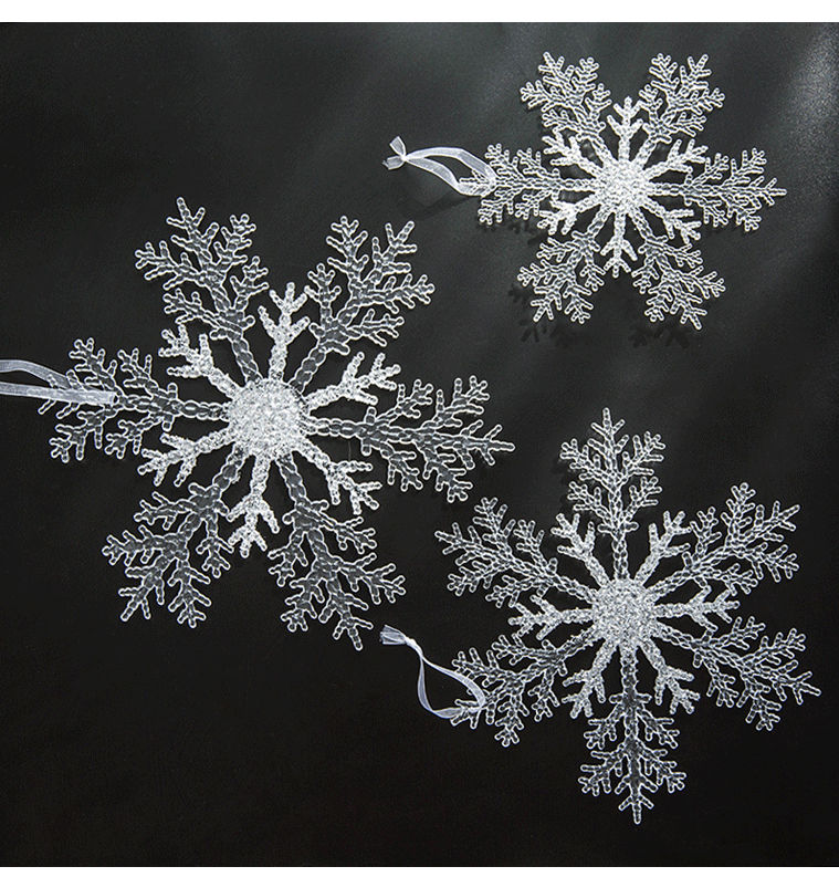 Transparent acrylic snowflake pendant hanging on a Christmas tree with red and green ornaments Main image