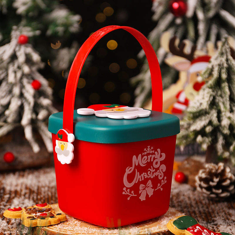 Christmas fruit gift tote bag in red featuring snowman holiday design