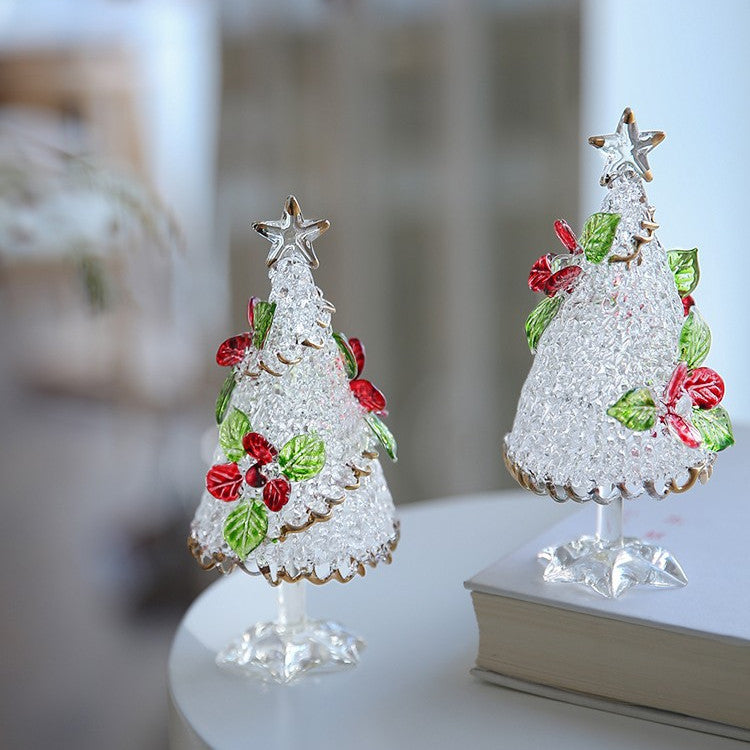 Handmade glass Christmas tree panel with red flowers on desk