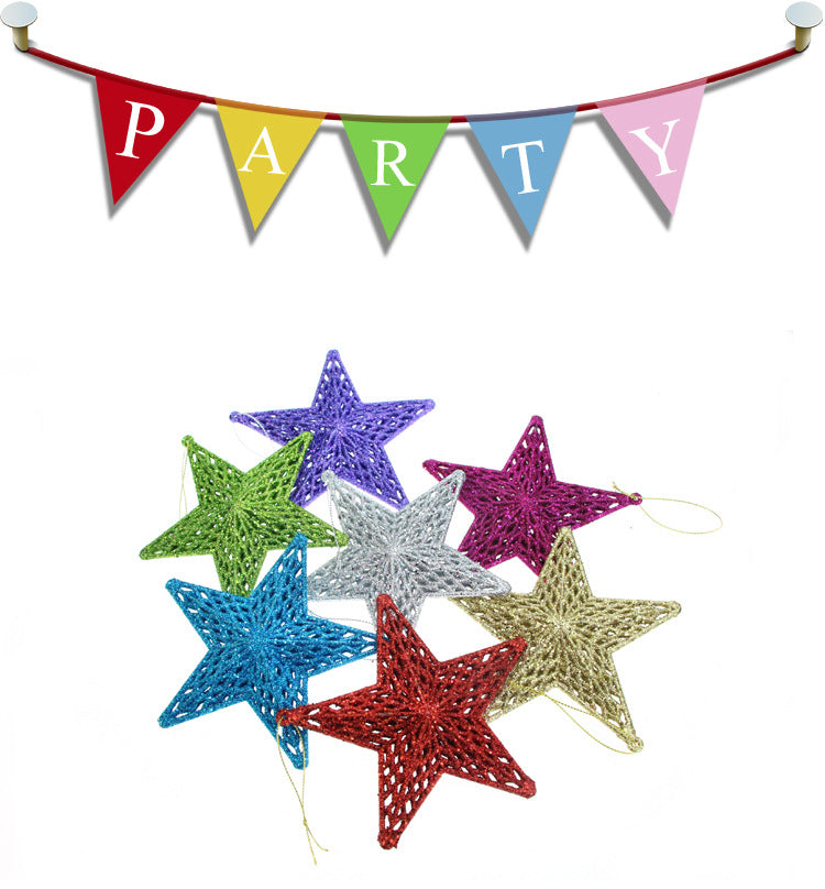 Set of eight colorful three-dimensional star Christmas ornaments arranged together