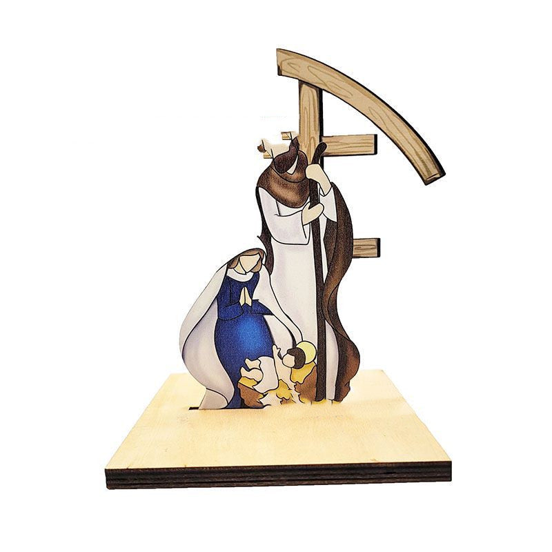 Set of three wooden nativity figures in varying sizes representing the holy family for Christmas display